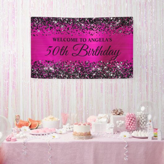 Zwart Glitter Hot Pink Folie 50th Verjaardag Welko Spandoek (Feest)