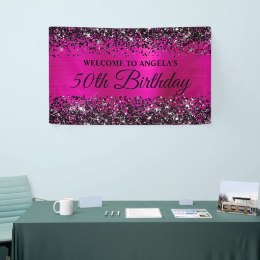 Zwart Glitter Hot Pink Folie 50th Verjaardag Welko Spandoek (Beurs)