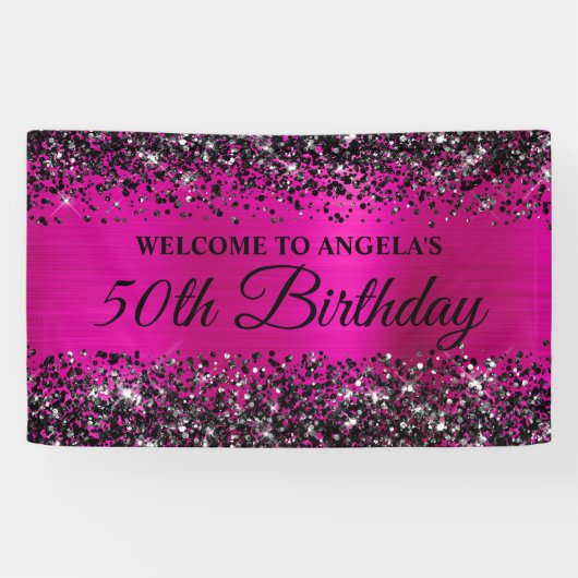 Zwart Glitter Hot Pink Folie 50th Verjaardag Welko Spandoek (Horizontaal)