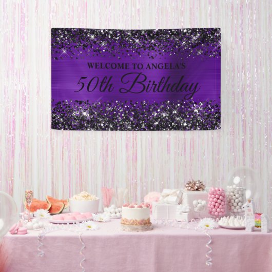Zwart Glitter Indigo Paarse 50ste Verjaardag Welko Spandoek (Feest)