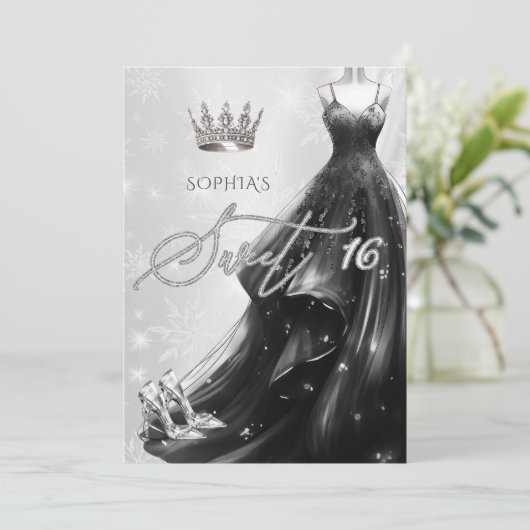 Zwart Glitter Jurk Sneeuwvlokken Winter Zoet 16 Kaart (Staand voorkant)