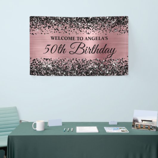 Zwart Glitter Licht Roze 50ste Verjaardag Welkom Spandoek (Beurs)