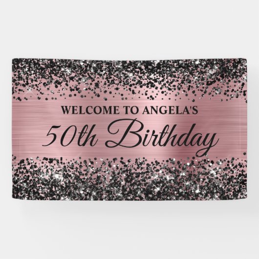 Zwart Glitter Licht Roze 50ste Verjaardag Welkom Spandoek (Horizontaal)