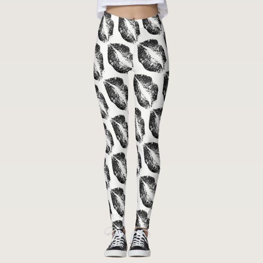 Zwart Glitter Lippen Modern Wit Leggings (Voorkant)