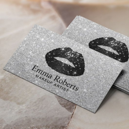 Zwart Glitter Lips Make-up Artiest Modern Zilver Visitekaartje