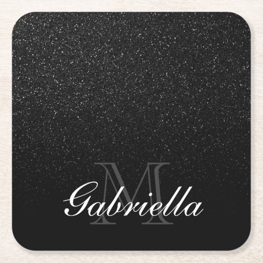 Zwart Glitter Monogram Kartonnen Onderzetters (Voorkant)