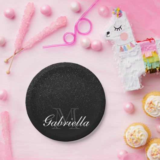Zwart Glitter Monogram Papieren Bordje (Feest)