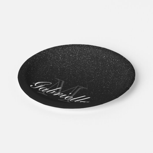 Zwart Glitter Monogram Papieren Bordje (Gekanteld)