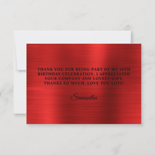 Zwart Glitter Rode Folie 50ste Verjaardag Bedankkaart (Achterkant)