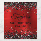 Zwart Glitter Rode Folie 50ste Verjaardag Wijn Etiket (Enkel label)