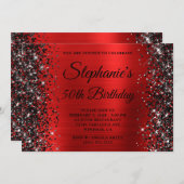 Zwart Glitter Rood Fancy Monogram 50e Verjaardag Kaart (Voorkant / Achterkant)