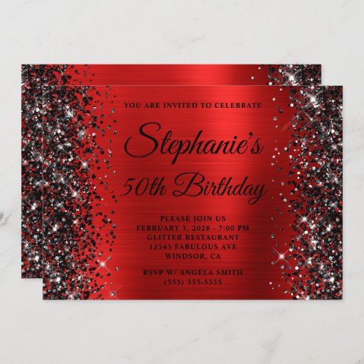 Zwart Glitter Rood Fancy Monogram 50e Verjaardag Kaart (Voorkant / Achterkant)