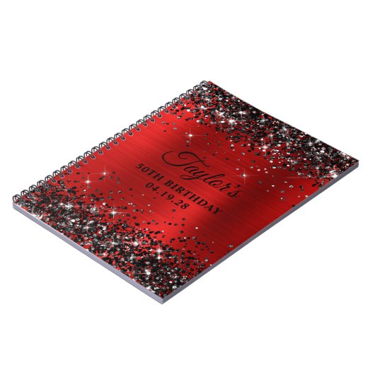 Zwart Glitter Rood Folie 50e Verjaardag Gastenboek Notitieboek (Linkerzijde)