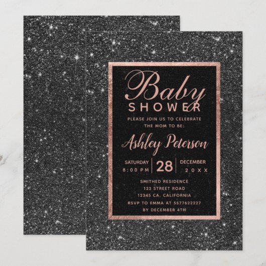 Zwart glitter roos goudtypografie baby shower kaart (Voorkant / Achterkant)