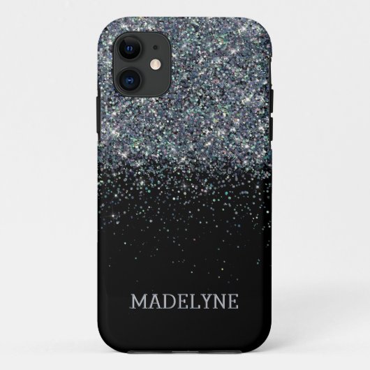 Zwart Glitter Sparkle Girly Gepersonaliseerde Naam Case-Mate iPhone Case (Achterkant)