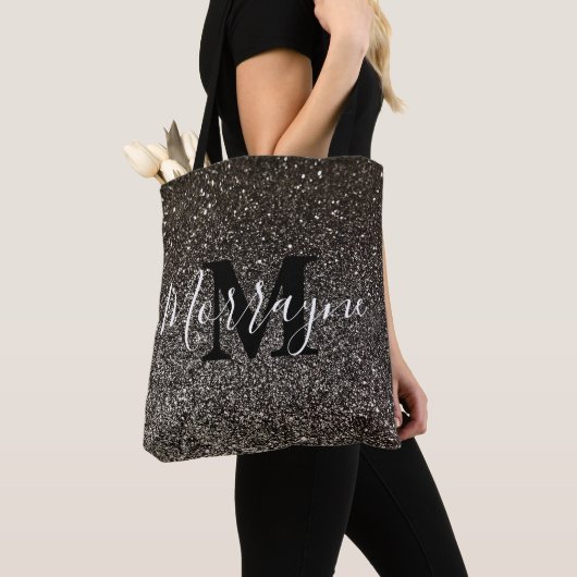 Zwart Glitter Sparkle Glam Chique Monogram Naam Tote Bag (Dichtbij)