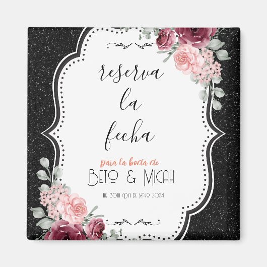Zwart Glitter & Waterverf Rozen Reserva la Fecha Magneet (Voorkant)
