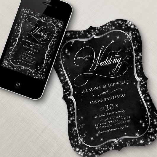 Zwart Glitter Zilveren Bruiloft Kaart