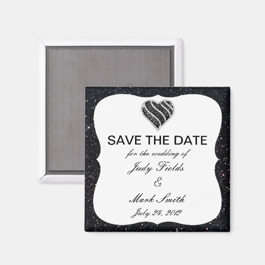 Zwart glitter zwart hart bespaart de datum magneet (Voorkant / Achterkant)