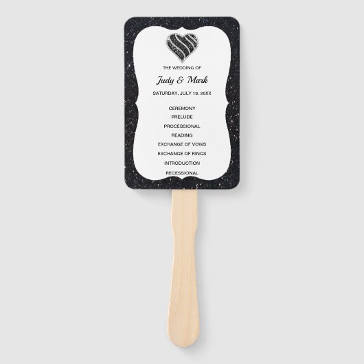 Zwart Glitter Zwart Wit Hart Trouwprogramma Handwaaier (Voorkant)