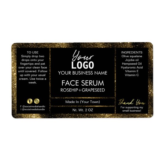 Zwart glittereffect-oliereserum etiket (Voorkant)
