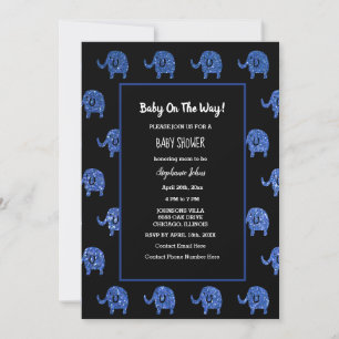 Zwart Glitterig Blauw Baby shower Olifanten Dieren Kaart