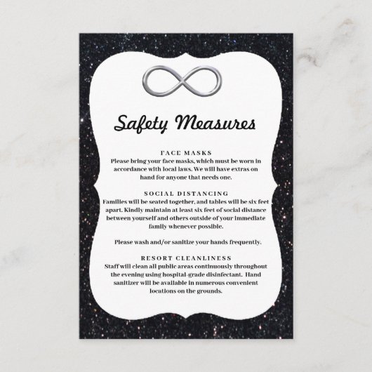 Zwart Glitters Zilver Oneindigheid Veiligheidsmaat Informatiekaartje (Voorkant)
