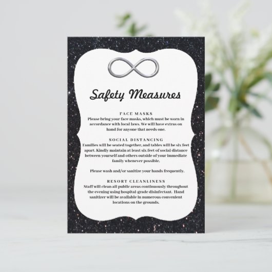 Zwart Glitters Zilver Oneindigheid Veiligheidsmaat Informatiekaartje (Staand voorkant)