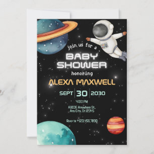Zwart gloeit ruimteplaneet astronaut baby shower kaart