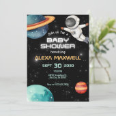 Zwart gloeit ruimteplaneet astronaut baby shower kaart (Staand voorkant)