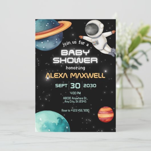 Zwart gloeit ruimteplaneet astronaut baby shower kaart (Staand voorkant)