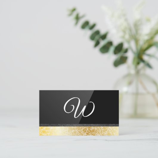Zwart gloss | Goudtextiel | Lederbekleding Visitekaartje (Staand voorkant)