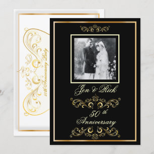 Zwart + Gold 50e Jubileum, Gold Swirls Foto Kaart