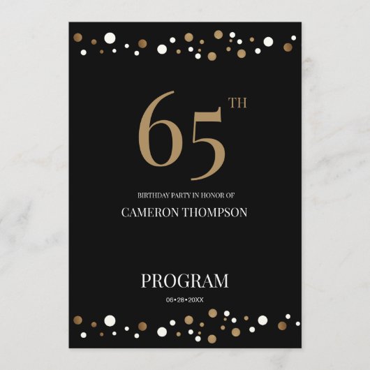 Zwart Gold 65e verjaardag Elegant Party-programma Programmakaart (Voorkant)