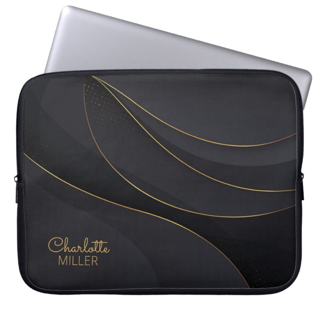 Zwart-Gold Abstracte lijnen met aangepaste naam Laptop Sleeve (Voorkant)