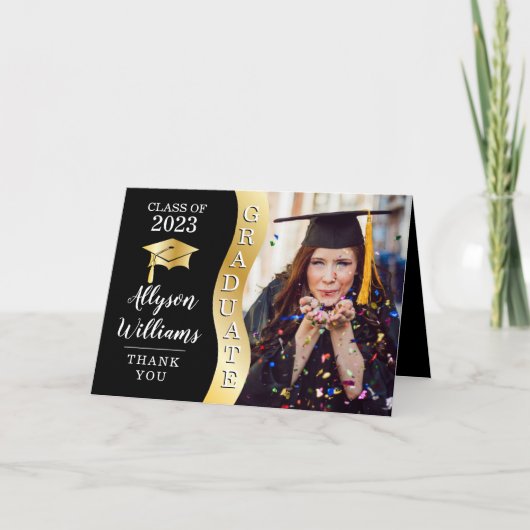 Zwart | Gold Afstuderen Wave Afstudeerder Pet Foto Bedankkaart (Voorkant)