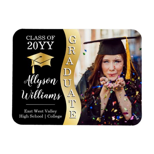 Zwart | Gold Afstuderen Wave Afstudeerder Pet Foto Magneet (Horizontaal)