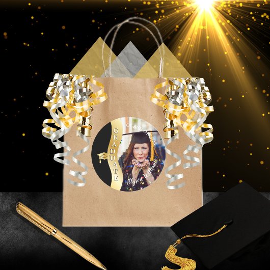 Zwart | Gold Afstuderen Wave Afstudeerder Pet Foto Ronde Sticker