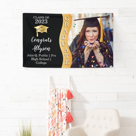 Zwart | Gold Congrats Afstuderen Wave Photo Spandoek (Insitu)