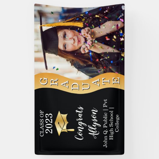 Zwart | Gold Congrats Afstuderen Wave Photo Spandoek (Verticaal)