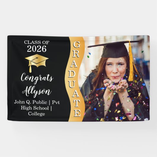 Zwart | Gold Congrats Afstuderen Wave Photo Spandoek (Horizontaal)