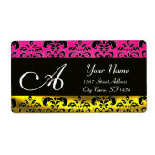 ZWART GOLD DAMASK, PINK FUCHSIA AMETHYST MONOGRAM ETIKET (Voorkant)