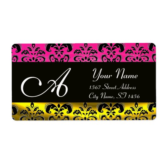 ZWART GOLD DAMASK, PINK FUCHSIA AMETHYST MONOGRAM ETIKET (Voorkant)