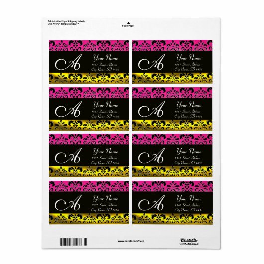 ZWART GOLD DAMASK, PINK FUCHSIA AMETHYST MONOGRAM ETIKET (Full Sheet)