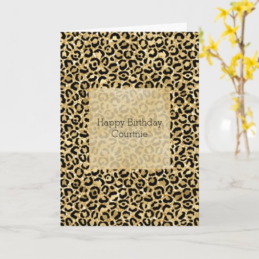 Zwart Gold Glitter Leopard Print  Kaart (Gele Bloem)