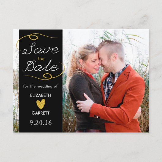 Zwart / Gold Glitter Save the Date Photo Briefkaar Aankondigingskaart (Voorkant)