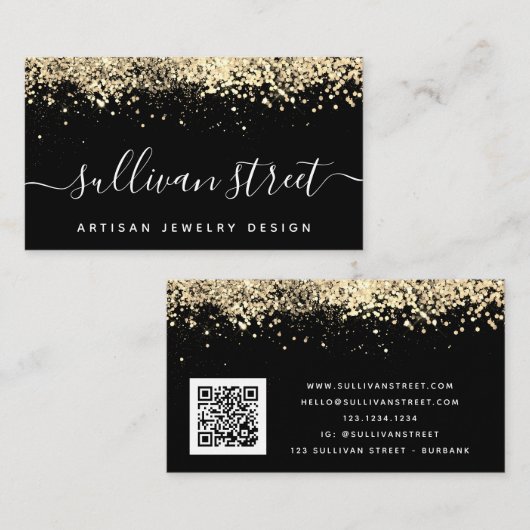 Zwart Gold Holographic Glitter QR Code Visitekaartje (Voorkant / Achterkant)