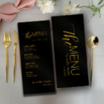 Zwart Gold Minimal Script Wedding Menu<br><div class="desc">Dit Minimale menu van de Bieden van de manuscripttest is perfect voor u als u een mooi en makkelijk te gebruiken het Dinner Menu van de Weddenschap zoekt. Het menu komt in een basistypografiestijl met een minimalistisch manuscript en een serif aanraking.</div>