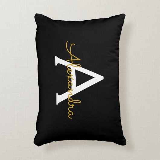 Zwart Gold Modern Script Girly Monogram Naam Accent Kussen (Voorkant(Verticaal))