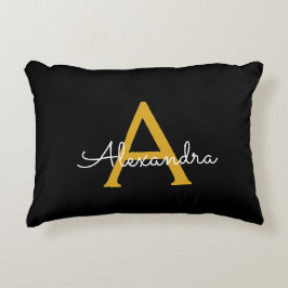 Zwart Gold Modern Script Girly Monogram Naam Accent Kussen